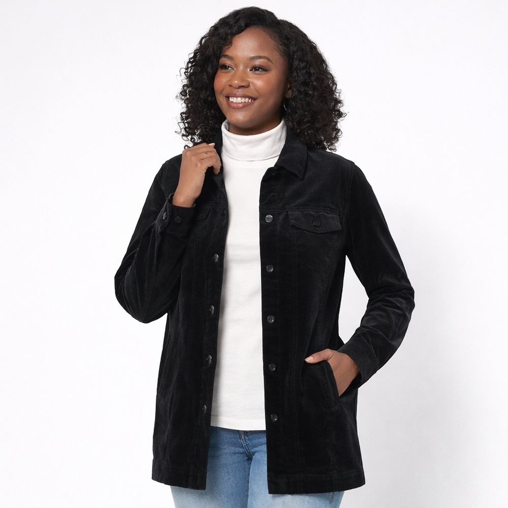DENIM & CO Stretch Velveteen Long Jacket Medium Black Semi-Fitted Academia NEW